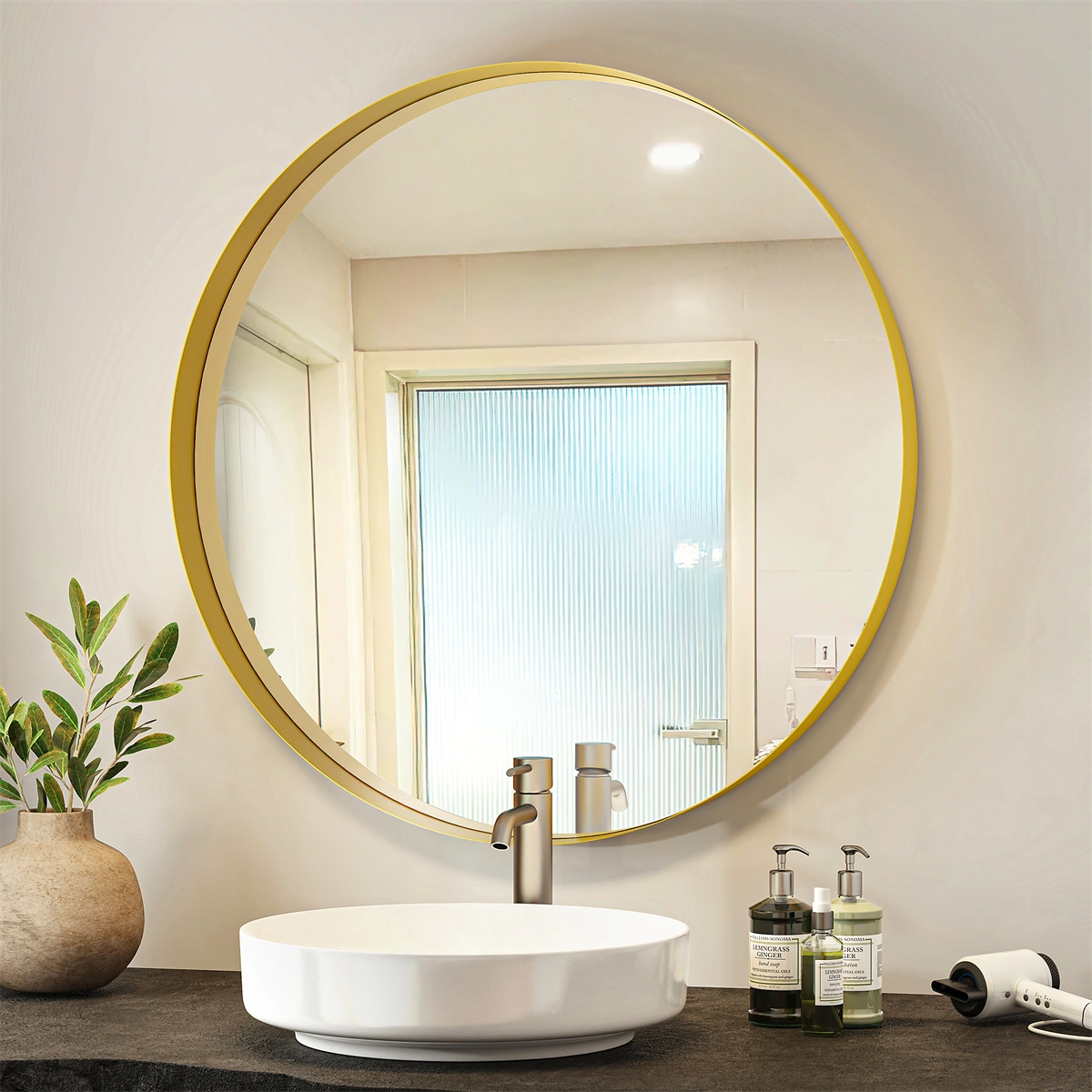 Gold Frame Vanity Mirror Wall Mounted Round 32 Inch - Kohros