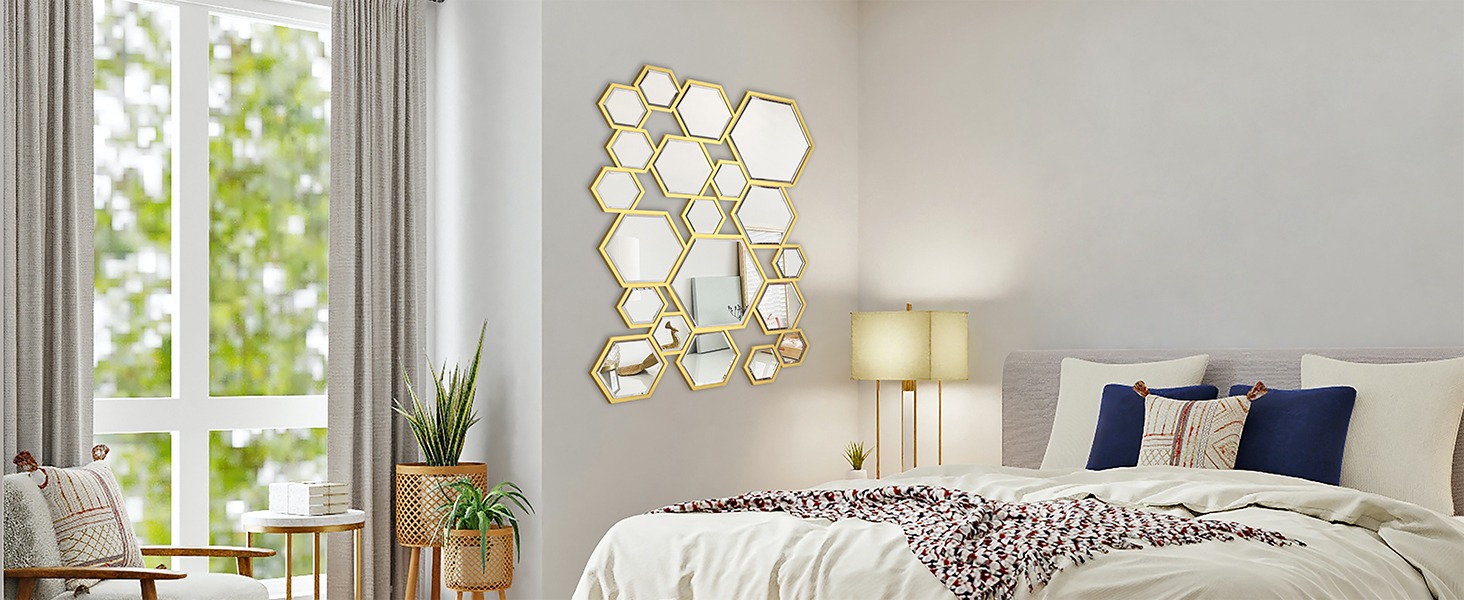 KOHORS Modern Hexagon Gold Wooden Framed Wall Mirror